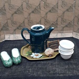 Tea Time-mini Teapot, cute oriental tray, 2 Mandarin Chinese ashtrays, & 3 cups.